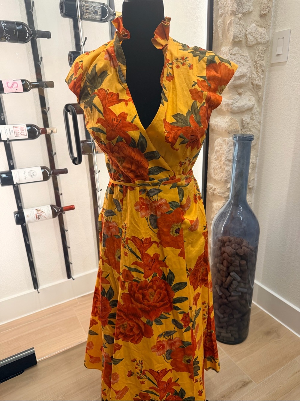 Hutch Yellow Floral Wrap Dress with Orange Bloom Print - S - NWT